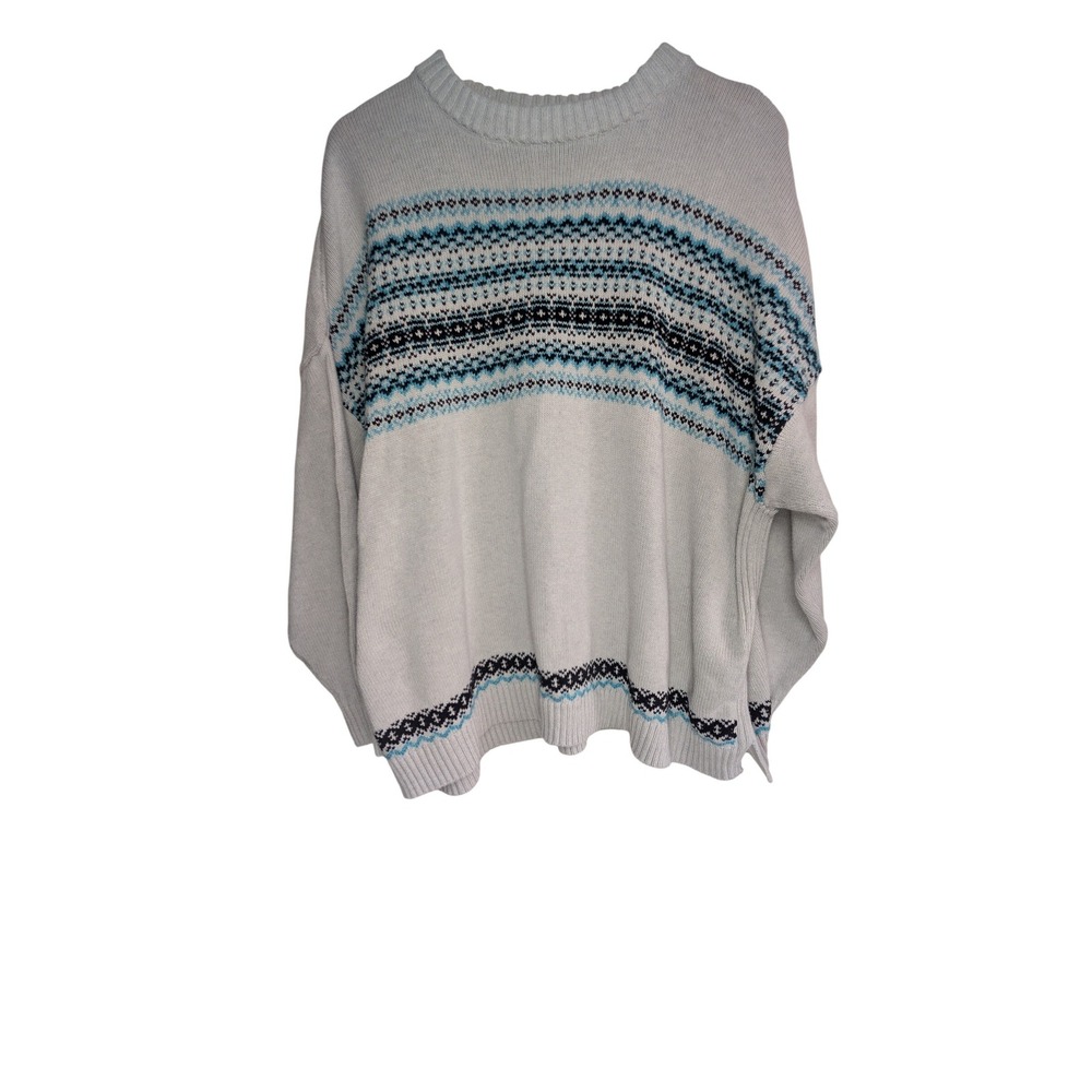 J. Jill Sweater Womens 2X Grey Blue Fair Isle Cotton Blend Pullover Relaxed